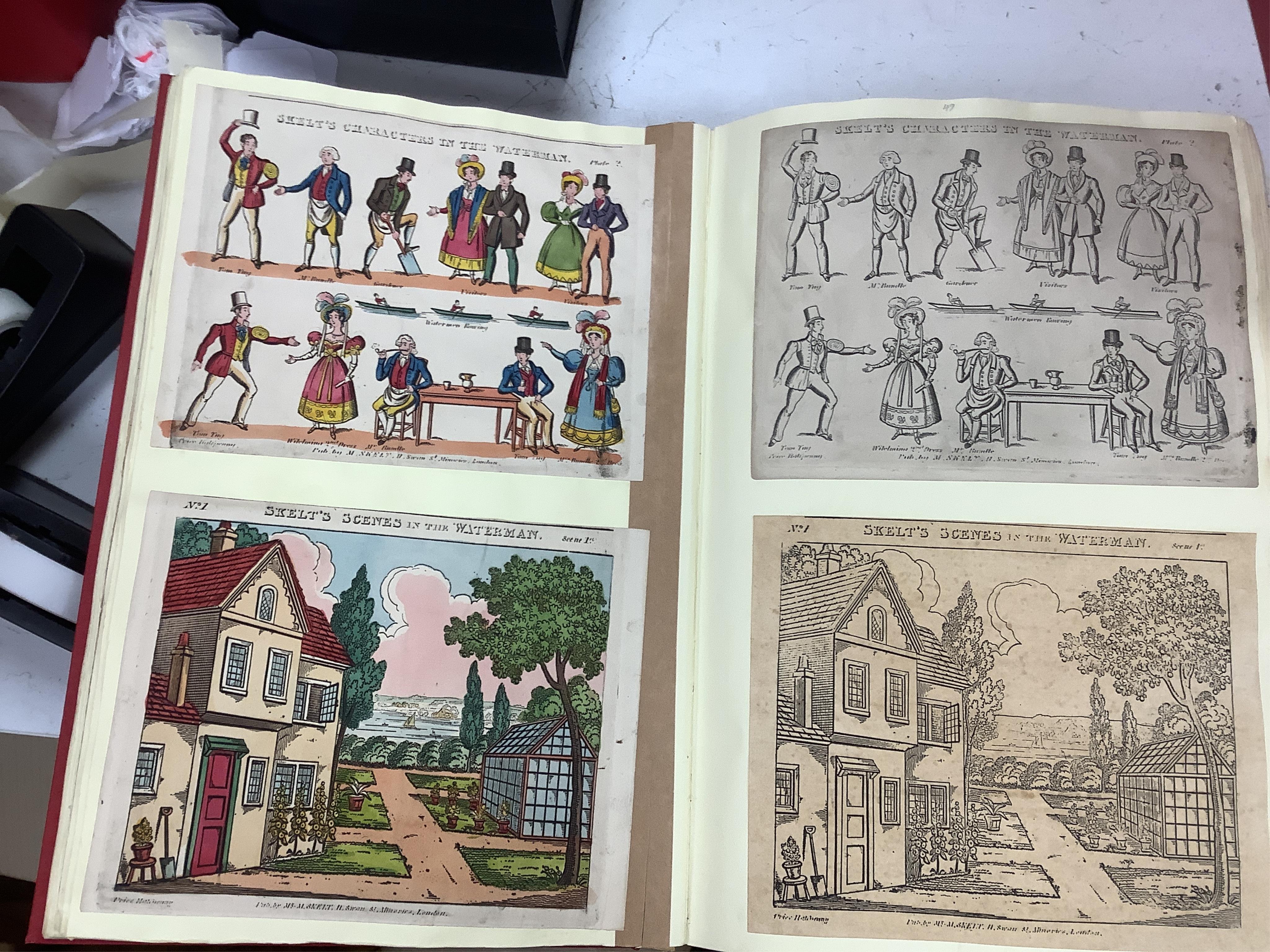Juvenile dramas, toy theatre archive including Lloyd-Skelt, Dyer, hand coloured large scenes, characters, scenes portraits etc. pasted in six large albums